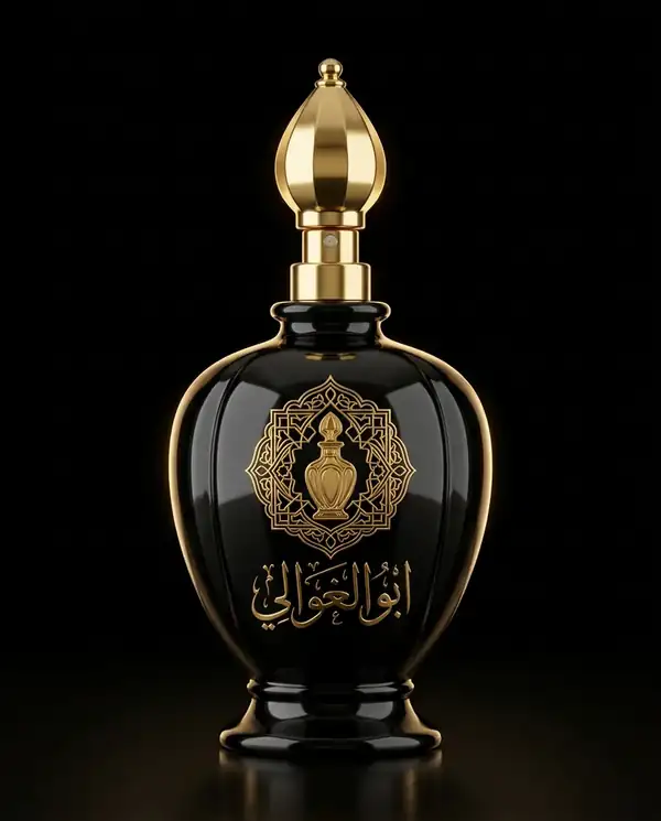 قارورة ابو الغوالي من الزجاج الأسود بغطاء ورشّاش ذهبيين وشعار بارز