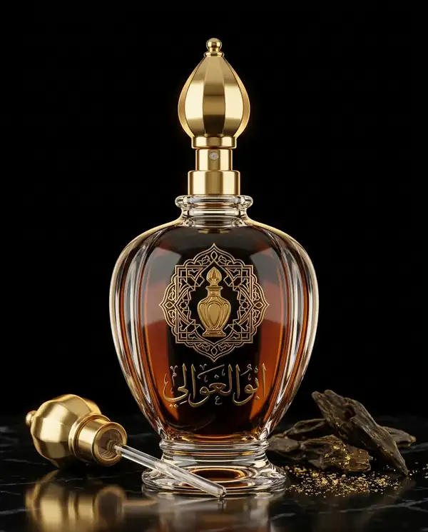 قارورة دهن عطري بسدادة ذهبية بجانب قطع من خشب العود